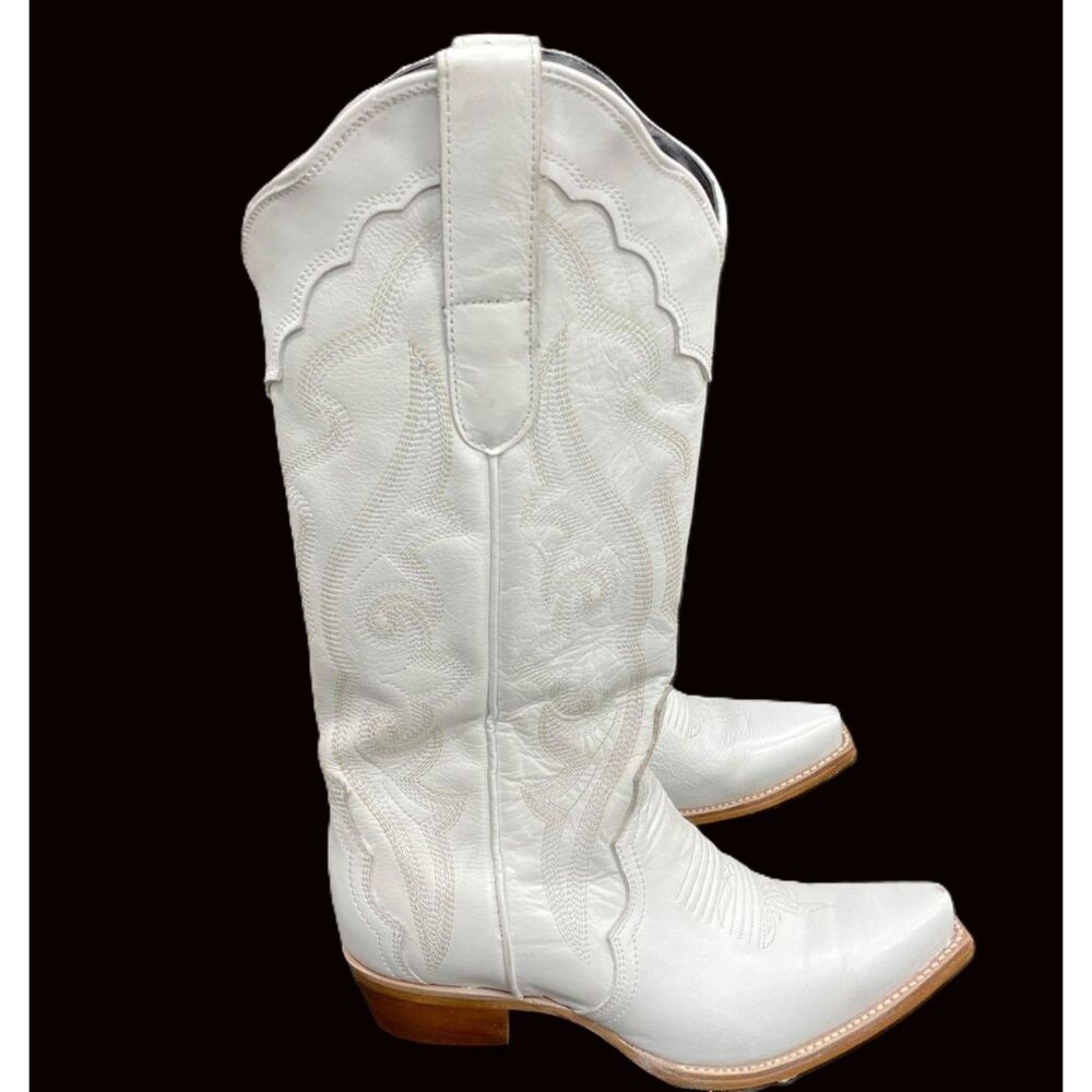 J.B. Dillon Reserve White Leather Western Cowboy Boots Women's Size 6C Snip Toe